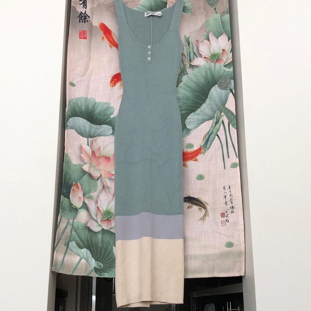 Vintage Sleeveless Maxi Knit Dress In Sage Green With Colorblock Hem
